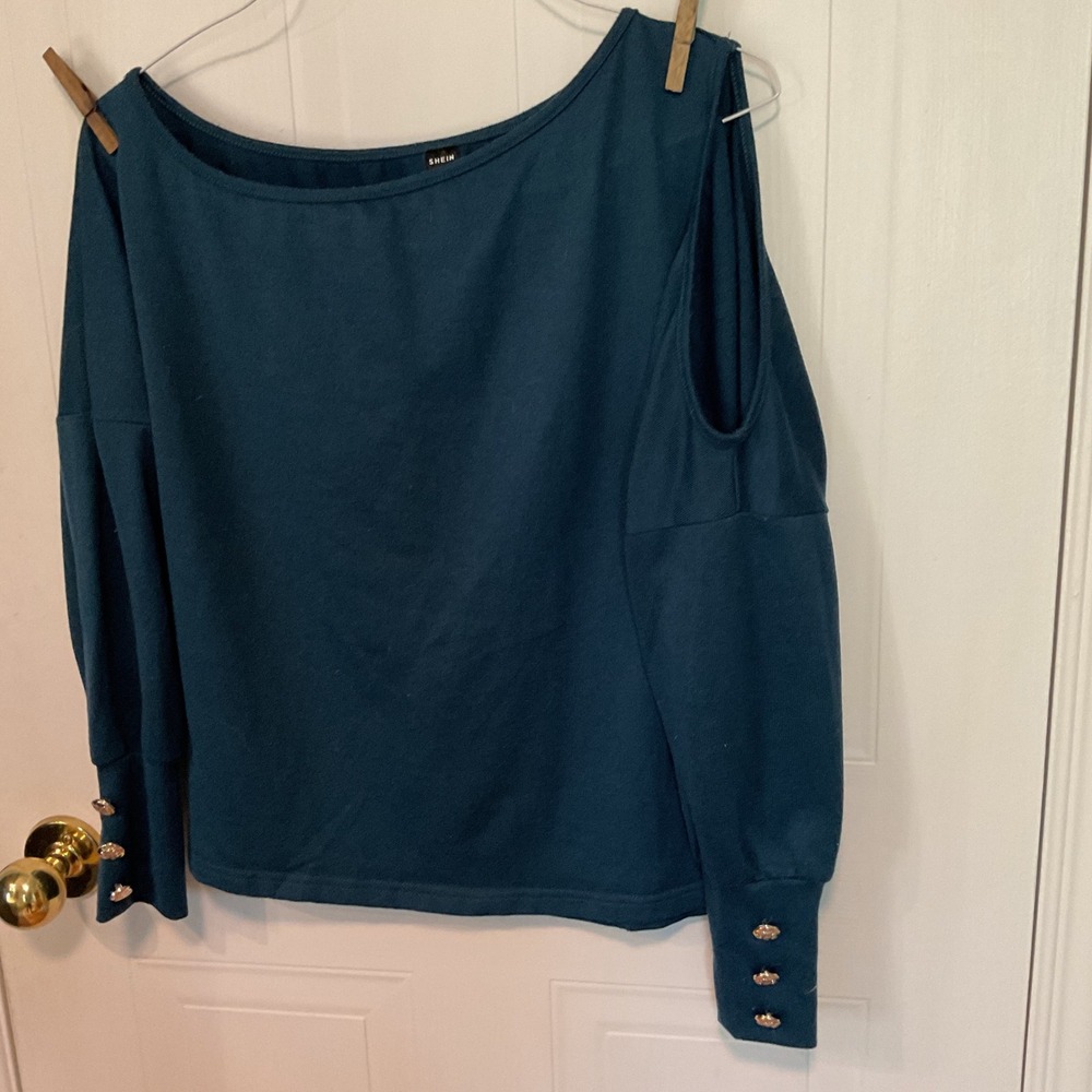 Shein Cold Shoulder Top Womens Medium Teal Excellent Gold Button Cuff Sweatshirt